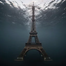 submerged eiffel tower underneath dark ocean water, national geographic, submarine, gloomy, high quality photography, blurry, polluted, crisp details, sigma 1 0 - 2 0 mm, nikon 1 0 - 2 4 mm, caustic light, aquatic photography, fisheye, water particulate, hazy low contrast