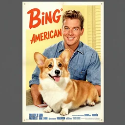 a teaser poster of an american sitcom from the 50s, the protagonist is a corgi dog, 1950, poster