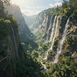 the simulation is set to fly through mountainous terrains filled with lush with flora and waterfalls, by antoine wiertz and noah bradley, visually stunning, cinematic, ultra realistic, hyper realism, 1 2 k, epic, octane render, unreal engine, vfx, maya