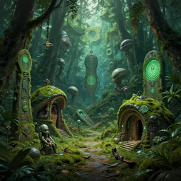 alien artifacts in the jungle, lost alien tech, ancient alien tools and houses, tropical forest, moss, glowing alien circles and monuments, alien relic, syd mead, john harris, art station