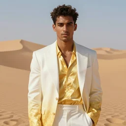 full figure beautiful young dark skin man, dressed in expensive clothes, luminous scene, by greg rutkowski and alphonse mucha, d & d character, gradient white to gold, in front of a dune desert background, highly detailed portrait, digital painting, artstation, concept art, smooth, sharp focus illustration, artstation hq