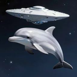 A futuristic space dolphin, flying in deep space, the Starship Enterprise in the background, by Moebius and HR Giger