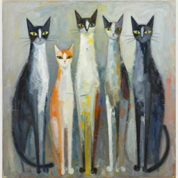 contemporary semi abstract acrylic painting of really tall cats by daniel patrick kessler, kessler art, thick brush strokes and visible paint layers