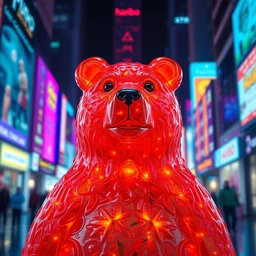 portrait of haribo bear in future city, color and shape focus, central composition, natural light, bloom, puff, by simon stalenhag and rene magritte and anton fadee