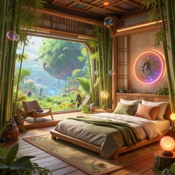 a futuristic cozy japandi bedroom from overwatch and oblivion movie, by wlop and james jean jhonseru jsezz artstation and jung yeon min and aaron de leon and neill blomkamp, with some bamboo wood and neon light details, lens orbs, global illumination, with a window overlooking a lush green alien planet, lounge, architectural, volumetric lighting, granular detail, japandi, hyperrealist, uninhabited, micro details, blender, vray