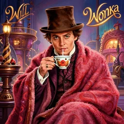 Johnny Depp is covered in a blanket and drinking tea in Willy Wonka's Chocolate Factory, Illustration, Colorful, insanely detailed and intricate, super detailed, by Lynn Chen
