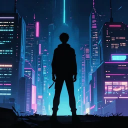 one man silhouette standing in front of a cyberperunk city, neon lights, anime, night, very beautiful, trending on deviantart,