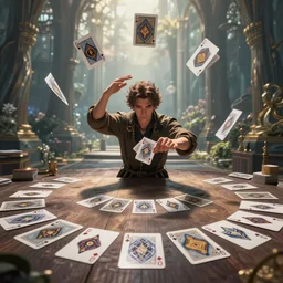 witch doing a card trick, cardistry, cards, fantasy, digital art, soft lighting, wide shot, 8 k