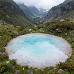 an iridescent pond at the bottom of a mountain, digital art, ethereal, beautiful