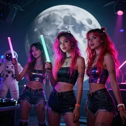 Rave girls at a dance club on the moon, glowsticks, neon hair, midriff, astronaut dj, dramatic lighting, cinematic, establishing shot, extremely high detail, foto realistic, cinematic lighting, post processed, concept art, high details, cinematic, 8k resolution, beautiful detailed, photorealistic, digital painting, artstation, concept art, smooth, sharp focus, artstation trending, octane render, unreal engine