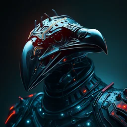 fantasy exoskeleton raven armor, stylized anthropomorphic black bird head with a visible beak. neon, science fiction, light, portrait by donato giancola and greg rutkowski and wayne barlow. 1 9 6 9