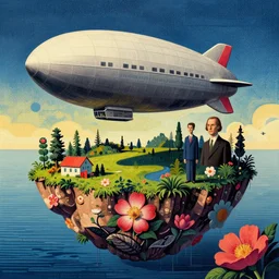 surreal glimpse into other universe, zeppelin, island, summer morning, very coherent and colorful high contrast, art by! gediminas pranckevicius, rene magritte! paul klee geof darrow, volumetric lighting, cinematic, floralpunk screen printing woodblock, dark shadows, hard lighting, stipple brush