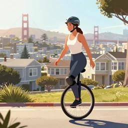 woman with helmet and knee pads on onewheel in san francisco hills, a beautiful interesting detailed matte digital illustration, rule of thirds, san francisco architecture, houses, by Craig Mullins, sunny, backlit