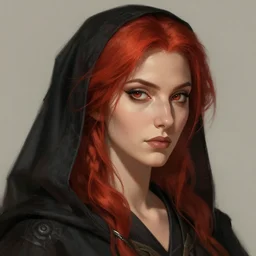 detailed face, head and shoulder portrait of woman with red hair, black robe, by audia pahlevi, rpg, d & d, pathfinder, deviantart, artstation, intricate, concept