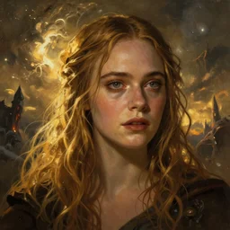 Elle Fanning in the painted world of Dark Souls, head and shoulders masterpiece, apocalypse, golden hour, cosmic horror, artstation, in the style of Beatrix Potter, extremely detailed