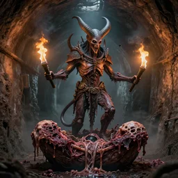 airbrush baphomet, sewage tunnels with primitive flesh raft, of rotten flesh, syd mead, enric torres, geof darrow hyper realism, narrative light, muted colors, epic, hyper detailed, awe inspiring, award winning horror, torch lighting, hyper realism, cinematical