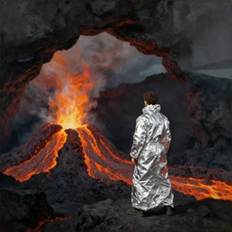 man in aluminum foil on the brink of a volcano with flowing lava in a cave. painting by asher brown durand - h 7 0 4