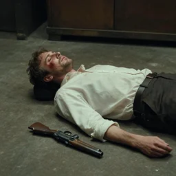 film still of a wounded man in a white shirt laying in a warehouse next to a gun on the ground. moody, grainy, 4 k, high detail, aesthetic, good composition, anatomically correct, directed by wes anderson,