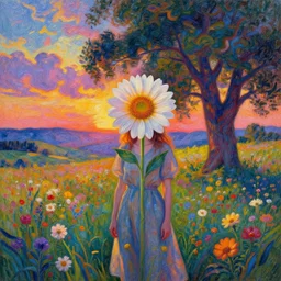girl with a enlarged flower instead of face, surreal photography, dream, standing in flower field, hills, big trees, sunrise dramatic light, impressionist painting, colorful clouds, digital painting, pointillism, artstation, simon stalenhag, flower face