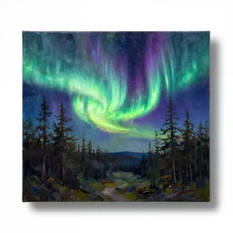 aurora borealis above forest oil painting