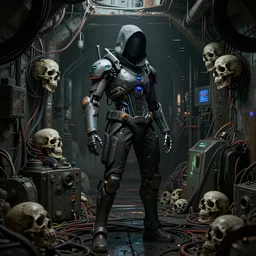 a cybernetic hunter, cyberpunk, in a dingy underground bunker, wires, skulls, machines, by emil melmoth zdzislaw belsinki craig mullins realistic render ominous detailed photo atmospheric, ink drips paint smears digital glitches glitchart