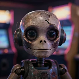 close-up ominous photo of a broken down animatronic character in an arcade peering at the camera, 100mm, bokeh