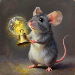 an extremely well painted and super detailed oil painting of a cutest mouse standing on two feet with a round bell infused with energy of the stars in its hands, professional painting by beeple, dynamic lighting, trending on artstation