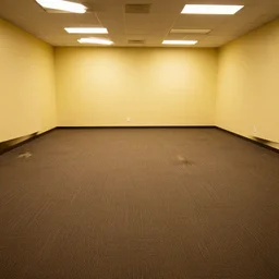 an infinite empty office with damp brown carpet and yellow walls