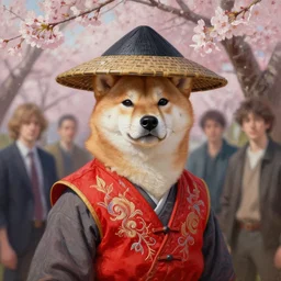 shiba inu as a samurai warrior, under a sakura tree, rice hat, red embroidered vest, by greg rutkowski, chris tulloch mccabe and asher duran, ultra realistic, oil painting, highly detailed, deep focus, smooth