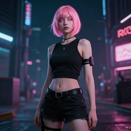 full body portrait of a beatiful girl with short pink hair and glowing eyes, cyberpunk, cinematic, unreal engine, 4k, realistic, wallpaper