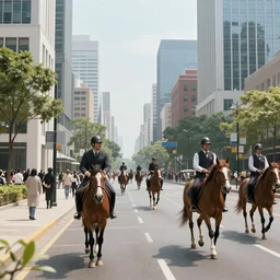 Riding horses on the streets in a busy modern city center, in the style of Manga, Eichiro Oda, hyper detailed