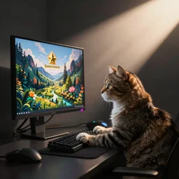 a cat using a gaming computer, realistic