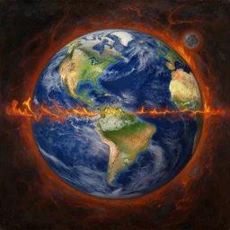the impact of the planet gaia on the earth, right before the moon forms, seas of fire everywhere. in the style of hudson river school of art, oil on canvas