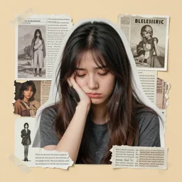 a portrait of a depressed girl made in a magazine clipping collage style, made by a depressed art student, art project