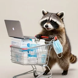 happy raccoon pushing a grocery cart with medical supplies, a laptop perched on top, and a face mask hanging off a corner.