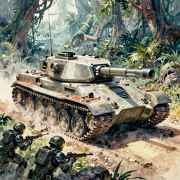 a futuristic double barred battle tank in action, background is an alien jungle, in the foreground armored soldiers are taking cover, detailed futuristic watercolor by kim jung gi and greg rutkowski