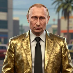 portrait of a steel gangster looking like vladimir putin in the style of gta game, 8 k super resolution, photorealistic, golden rule