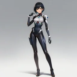 beautiful anime robot girl in a form-fitting cybernetic suit, dramatic pose, hourglass slim figure, attractive features, full body portrait, happy smile, highly detailed, digital painting, artstation, concept art, sharp focus, illustration, art by artgerm and greg rutkowski and alphonse mucha