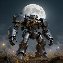 a very big giant mechanical weapons battle armor mechwarrior on a patch of withered grass, dim sky, very big moon, some smoke, a little bit yellow lights, smooth, sharp focus, superior quality, 8 k, cinematic lighting, octane render, wide angle, by bilibin, kuvshinov, malevich and mucha