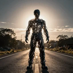 full length photograph of wires in the shape of a man, backlit, high contrast, centered, roadway
