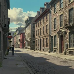 A screenshot of the old port in old montreal city street in the scene in the Ghibli anime film, pretty rim highlights and specular