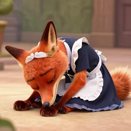 an anthropomorphic male fox in a maid's dress, moping the floor, in the style of zootopia