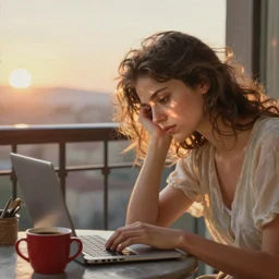 sunrise on the balcony. a tired young woman with messy hairstyle is typing on her laptop. a red coffee mug can be seen on the table, as well. sunlight is beautifully lighting the face. depth of field, in the sun, backlit, closeup, oil on canvas, art by botticelli 1 4 9 9, in the style of the birth of venus, smooth, renaissance, florentine painting, 8 k
