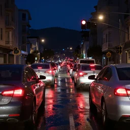 cars waiting for traffic light in san francisco at night, first person view, taillights, puddles, reflections, hills, trending on artstation, unreal engine
