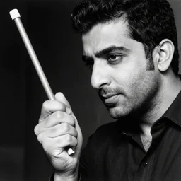 stunning bw film photograph of ( ( ( ( aziz ansari holding a plumbus ) ) ) ), closeup, aperture 1. 2