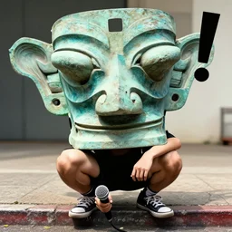 close - up rap album cover photo ( ( ( moyai!!!!!! 🗿 easter island head posing crouched on a curb holding a microphone looking down at camera ) ) ) ) photograph out of focus background of rough neighbourhood | ( ( worm's eye view!!!!! ) ) well - lit lighting, dramatic posing, rap pose, cool, hyperdetailed