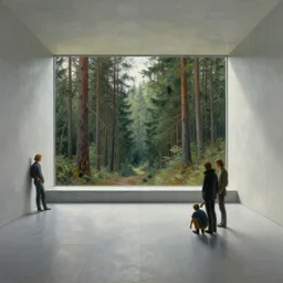 a futuristic minimalistic tiled room with a view of a pine forest, tim hildebrandt, wayne barlowe, bruce pennington, donato giancola, trending on artstation, cinematic composition, beautiful lighting, hyper detailed, 8 k, oil on canvas