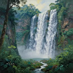 “mystical mountains in ancient china, massive waterfall and jungle, oil painting.”