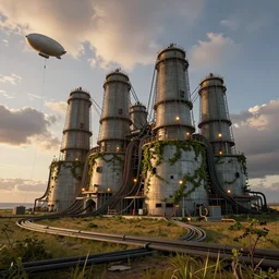 an immense retro power generator building with many large wires connecting to it sits abandoned in a grassland near the coast, an airship visible in the sky and attached to the ground with a cable, wires and tubes and conduits everywhere, blinking lights, golden hour, wires on the ground in the foreground, sharp details, cinematic, dramatic clouds in the distance, vines, immense scale, art by simon stalenhag