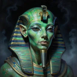 a neoclassicist close - up portrait of an ancient egyptian god with hyperrealist lovecraftian features. green and purple reflective alien technology. head and shoulders. foggy black background with dark puffy glowing clouds. highly detailed science fiction painting by norman rockwell, frank frazetta, syd mead and moebius. rich colors, high contrast, gloomy atmosphere, dark background. trending on artstation.